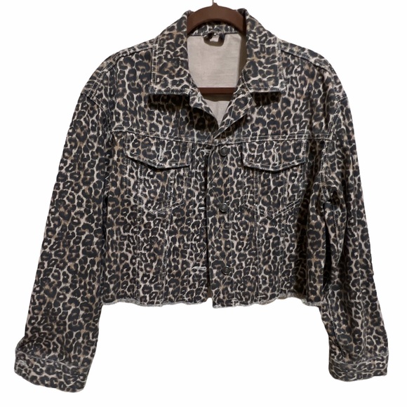 Free People Frayed Hem Leopard‎ Denim Jacket Women Sz Medium Oversized - Picture 6 of 11